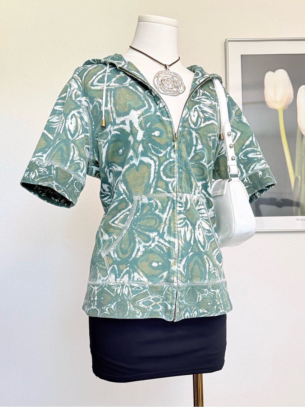Vintage Zenergy by Chico’s Short Sleeve Zip Up Hoodie Y2K Boho Sporty